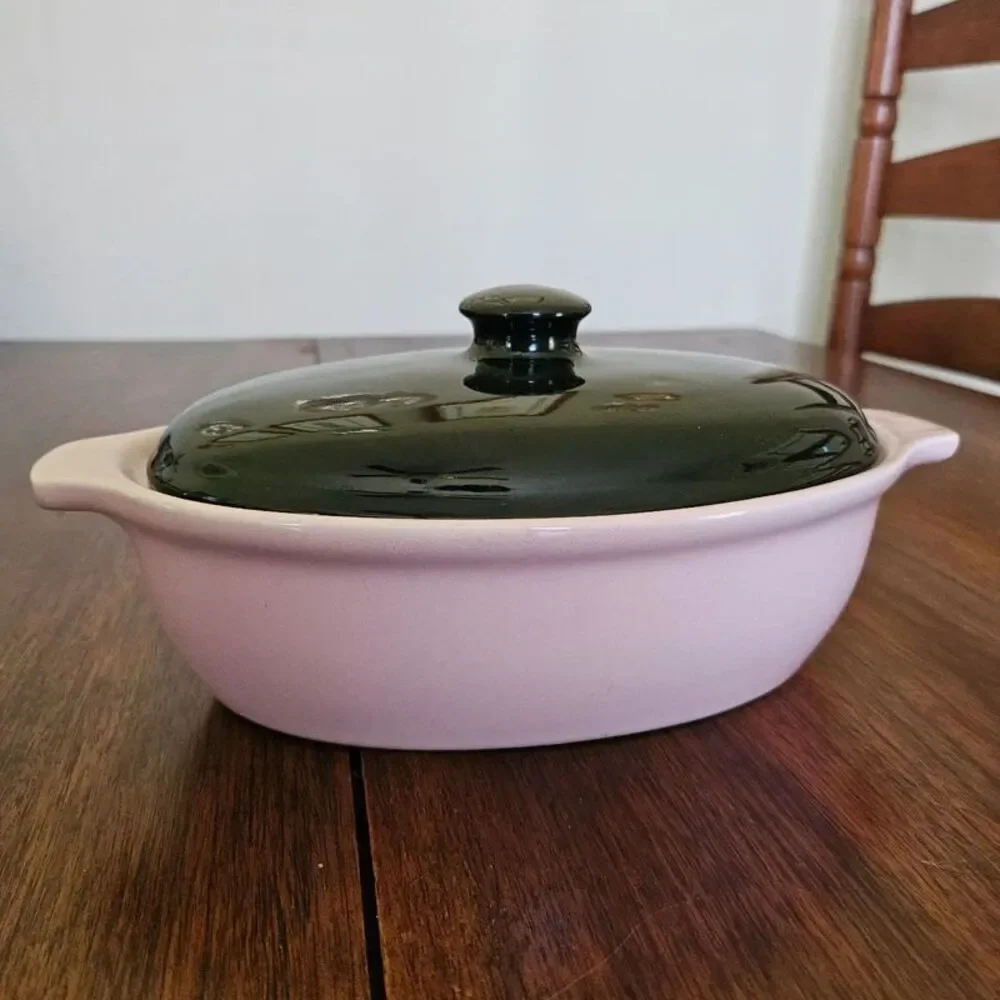 MCM Vintage Cronin Pottery Pink Black Casserole Dish Bake Oven USA Royal Cuisine